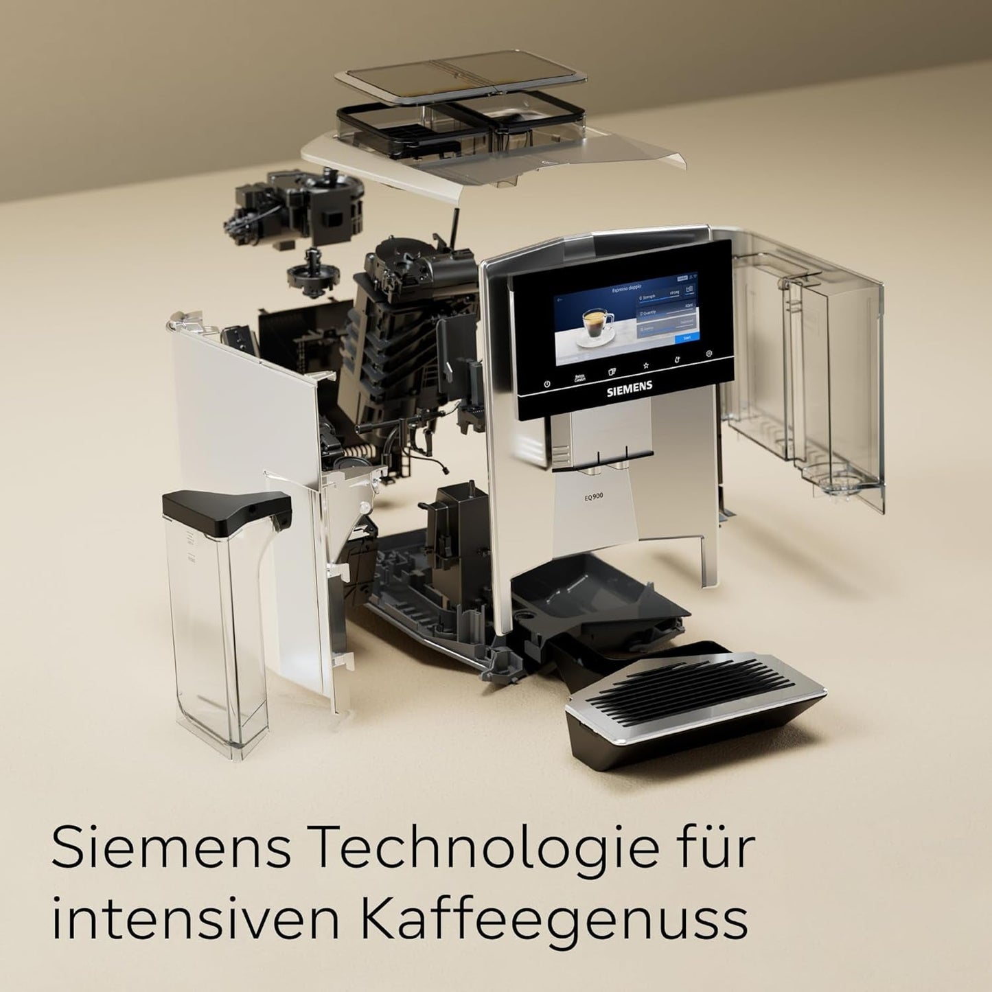Siemens EQ900 automatisk espressomaskin, stor TFT-färgskärm, 2 bönbehållare, 36 varma och kalla drycker, kallt kaffe, supertyst, tvåkoppsfunktion, appkontroll, rostfritt stål, TQ907D03