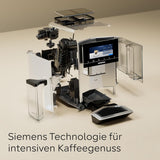Siemens EQ900 automatisk espressomaskin, stor TFT-färgskärm, 2 bönbehållare, 36 varma och kalla drycker, kallt kaffe, supertyst, tvåkoppsfunktion, appkontroll, rostfritt stål, TQ907D03