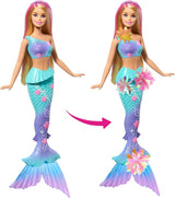 Barbie Meerjungfrauen-Spielzeug Puppe mit magischer Überraschungs Blüte, Schwanzflosse mit Farbverlauf, perlenbesetzten Haarreif och långa blonda Haar med rosa Strehchen, JDM72