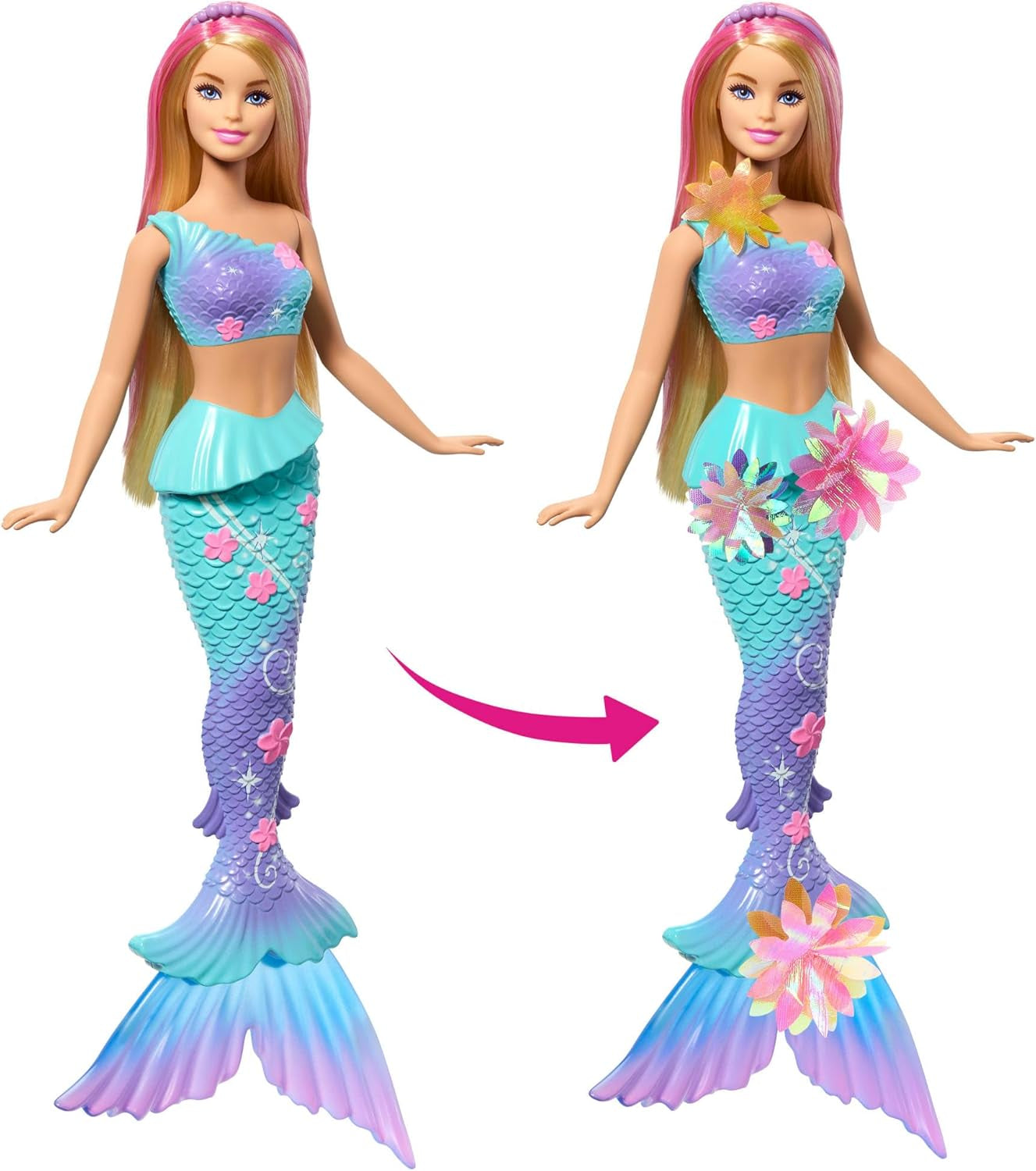 Barbie Meerjungfrauen-Spielzeug Puppe mit magischer Überraschungs Blüte, Schwanzflosse mit Farbverlauf, perlenbesetzten Haarreif och långa blonda Haar med rosa Strehchen, JDM72