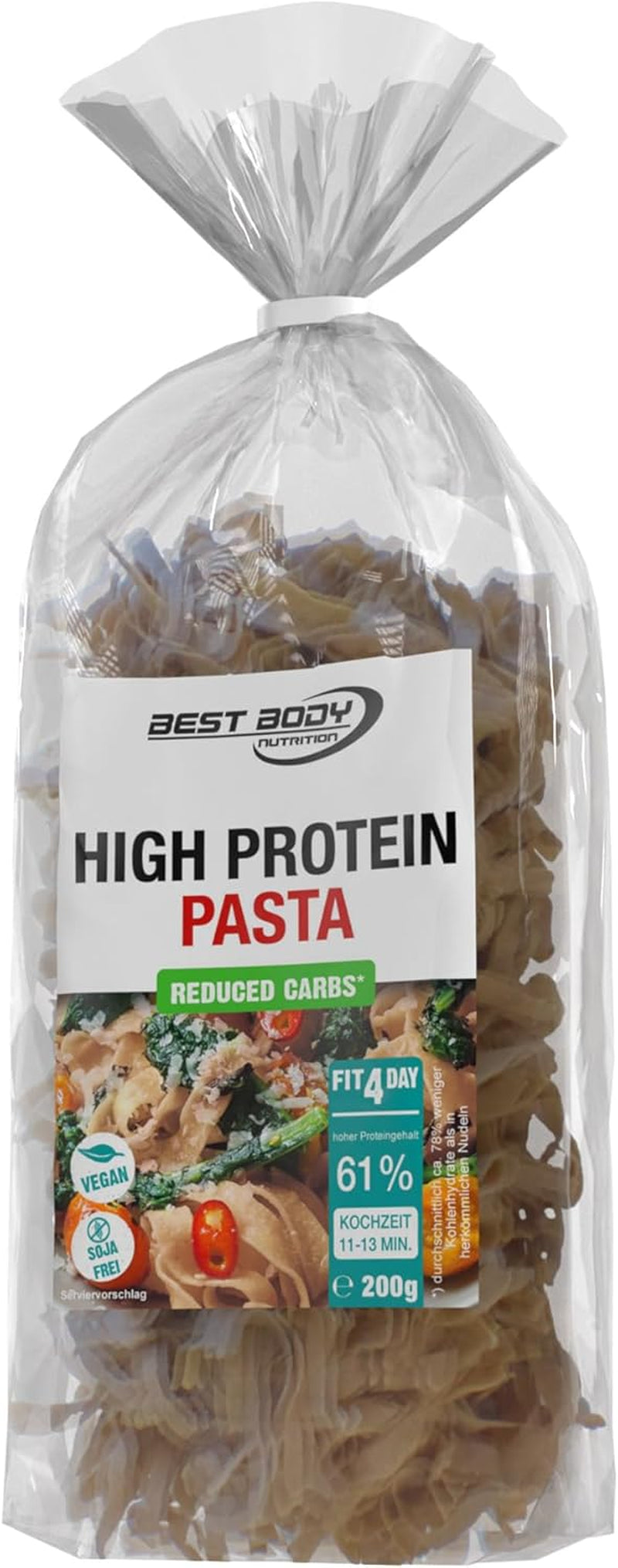 Best Body Nutrition Protein Pasta 6 x 200 g - Fit4Day High Protein Tagliatelle - 61% Protein, Low Carb, Vegan & Laktosfri, Sojafri - Högkvalitativt ärtprotein - För lågkolhydratdieter