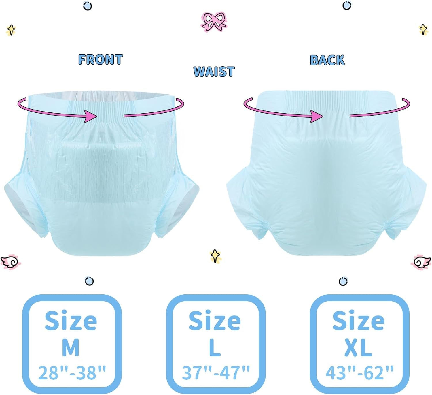 CutiePlusU vuxenblöjor, torr yta, maximal absorptionsförmåga över natten, inkontinensblöja för engångsbruk - blå, 2-pack (medium 71-96 cm)