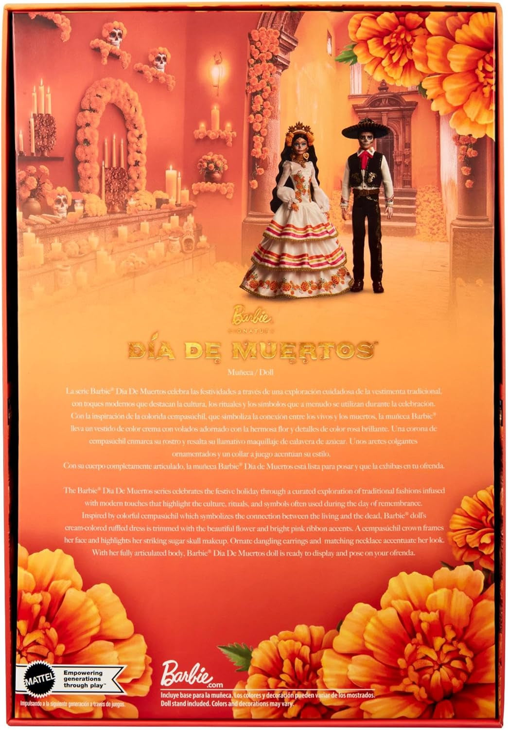 Barbie Signature Day of the Dead 2025 docka samlarfigur i krämfärgad klänning med volanger, ringblommor och rosetter, blomkrona i hår och Calavera ansiktsfärg, JBJ05