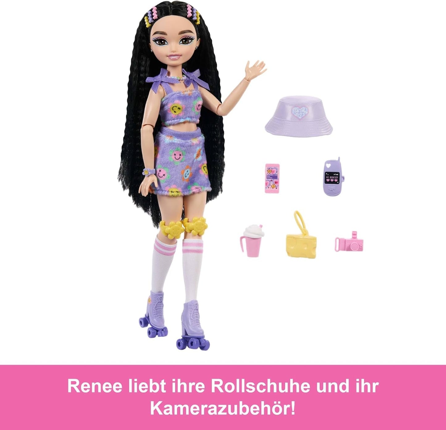 Dream Besties Barbie Doll och tillbehör, Mode Barbie Renee Doll med rullskridskor och svart hår, 12 tillbehör med teman med videor och mat, JFX99