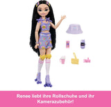 Dream Besties Barbie Doll och tillbehör, Mode Barbie Renee Doll med rullskridskor och svart hår, 12 tillbehör med teman med videor och mat, JFX99