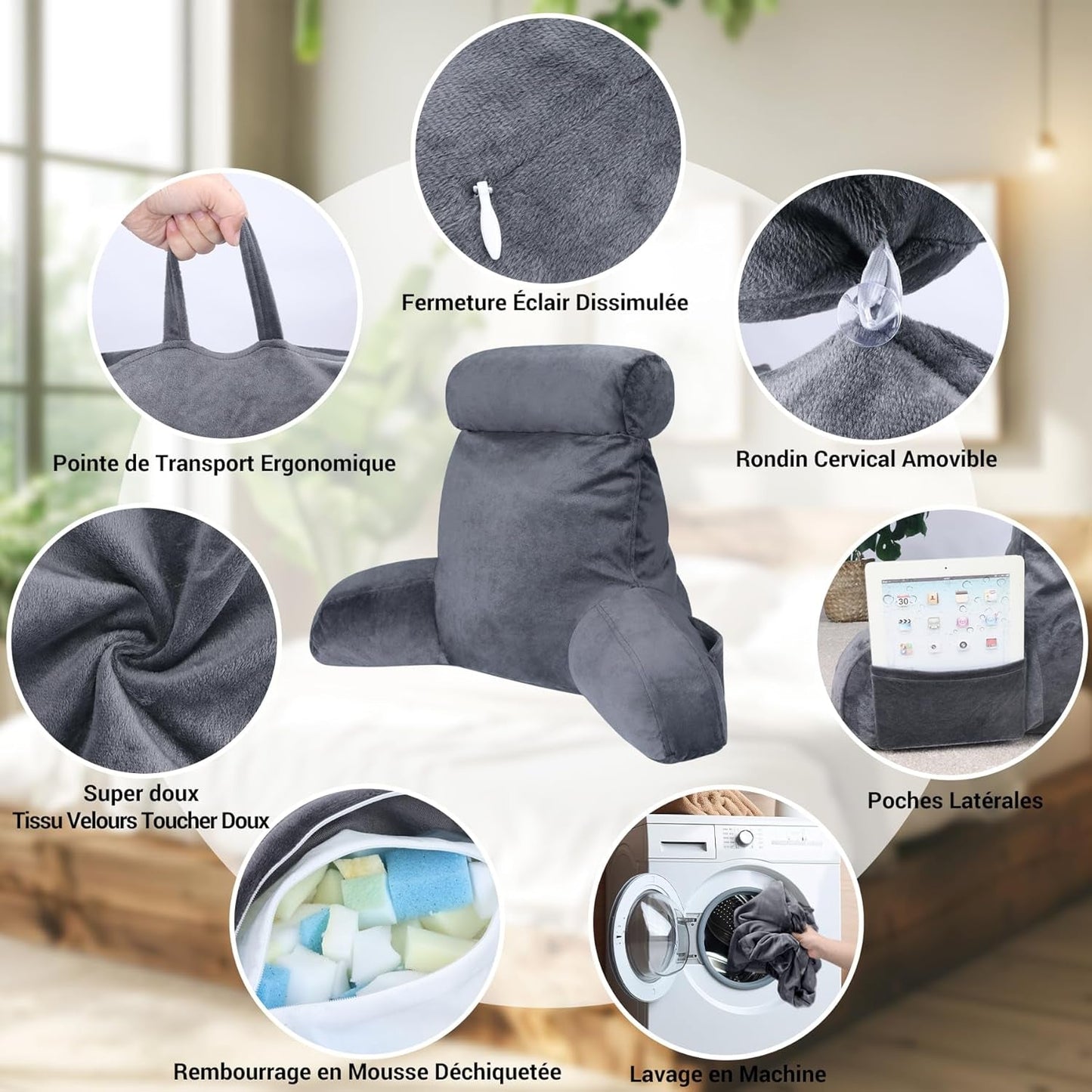 INFANZIA ergonomisk läskudde med armstöd, memory foam ryggstöd, grå, M
