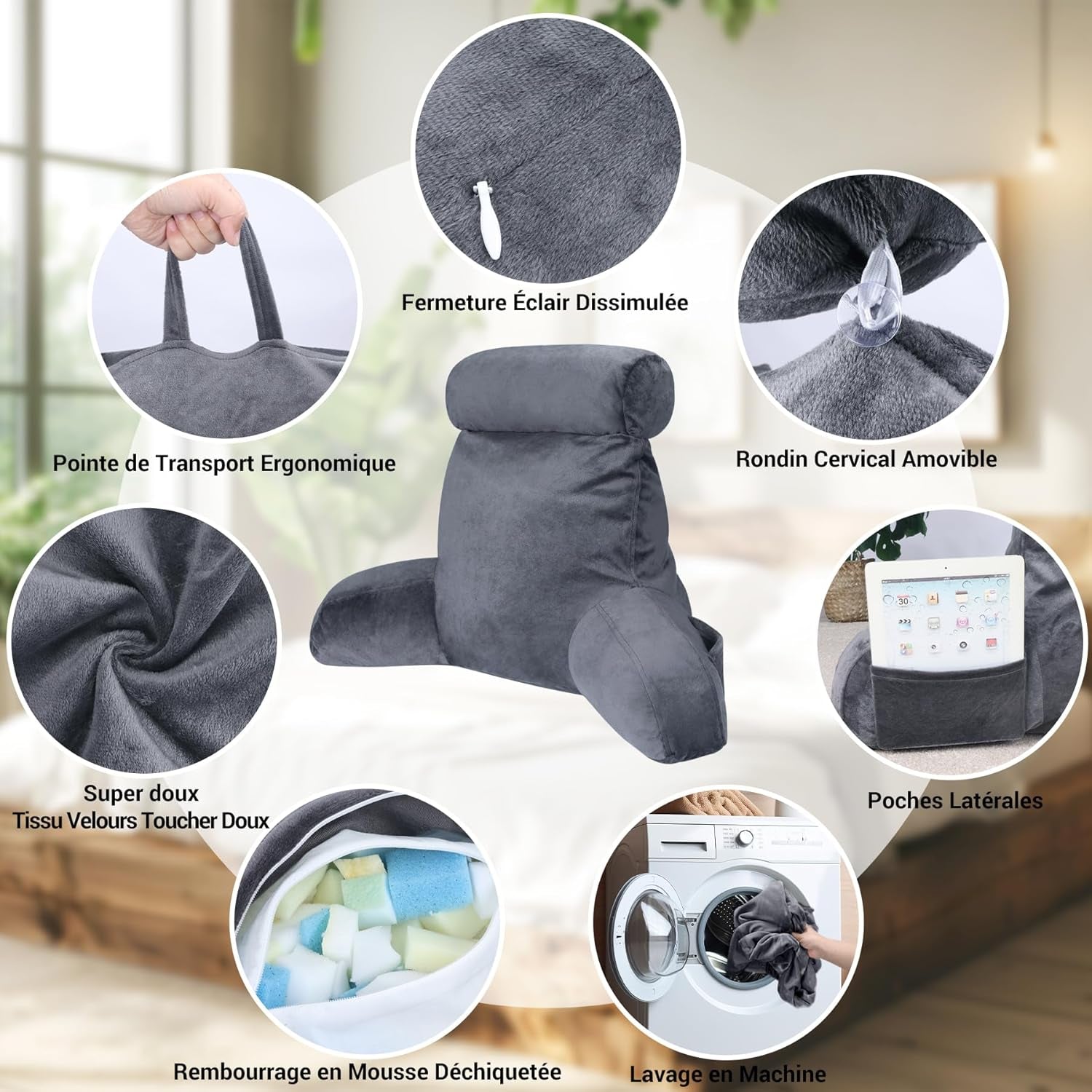 INFANZIA ergonomisk läskudde med armstöd, memory foam ryggstöd, grå, M