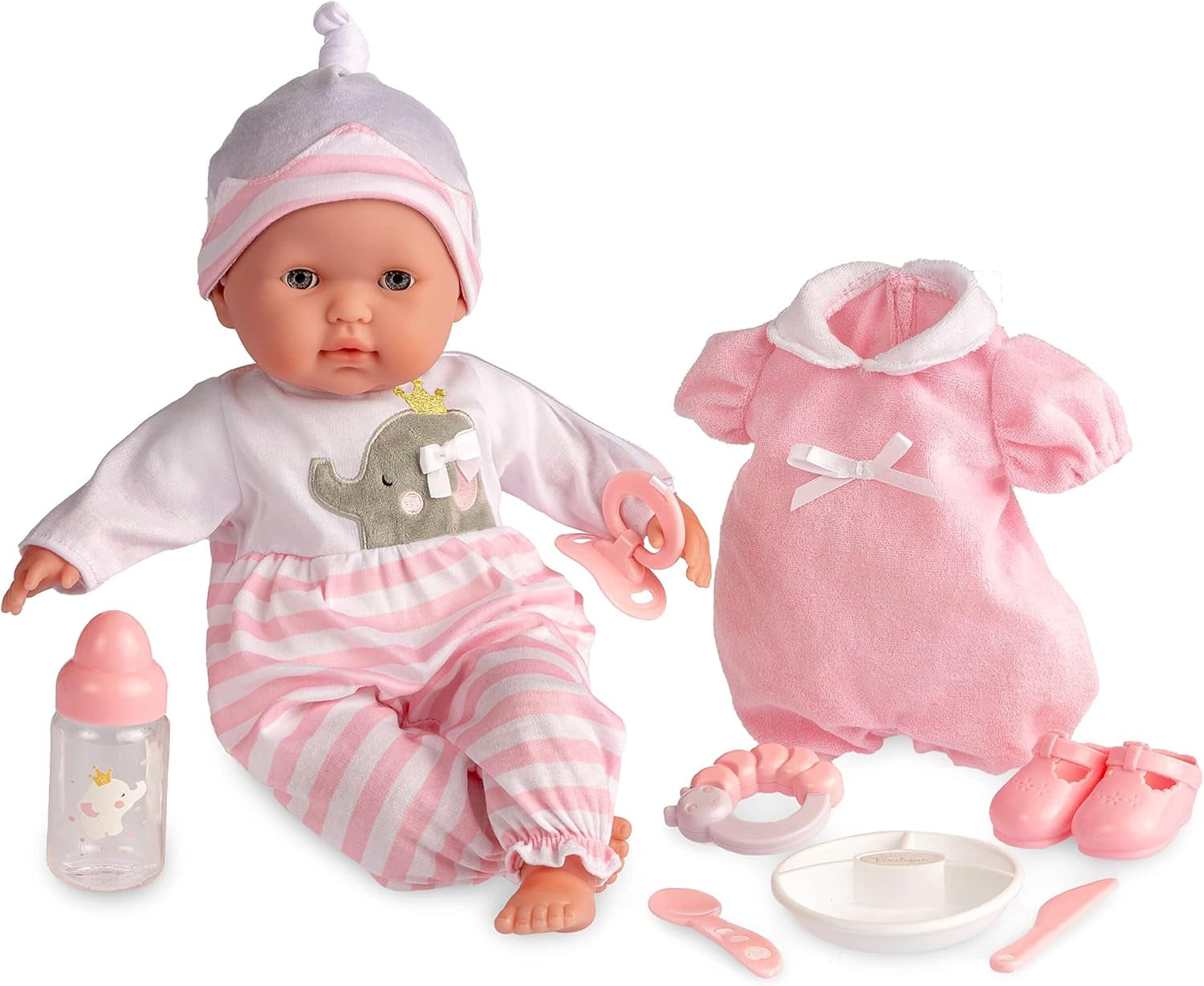 JC Toys - Berenguer Boutique 38 cm mjuk, verklighetstrogen docka med öppen/sluten mun, presentset i 10 delar, nappflaska, skallra, napp och tillbehör, rosa, 2+