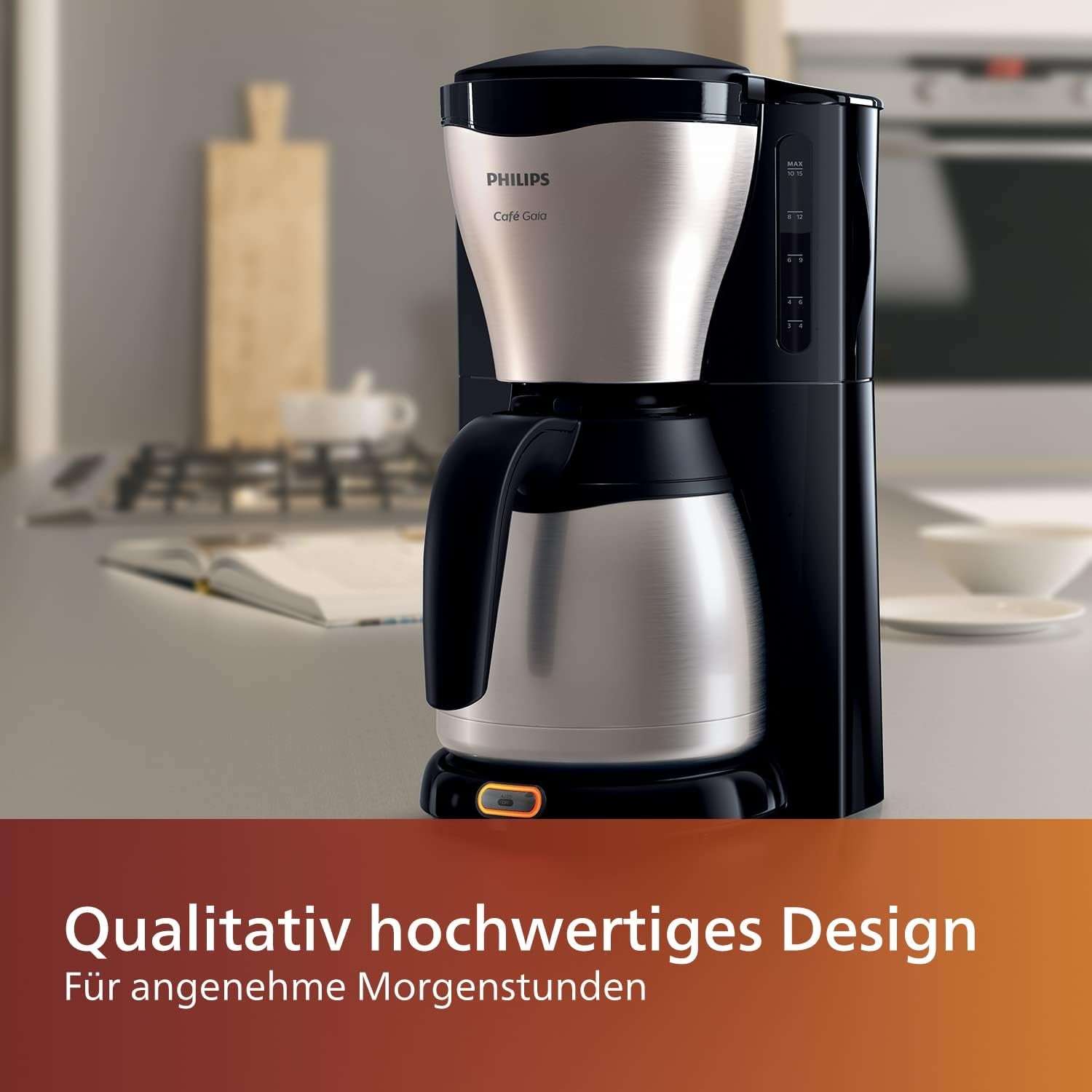 PHILIPS Café Gaia Filter Espressomaskin - Termokanna i rostfritt stål, Anti-droppsystem, Intensiv arom, Auto-Off, 1300ml, Svart (HD7546/20)