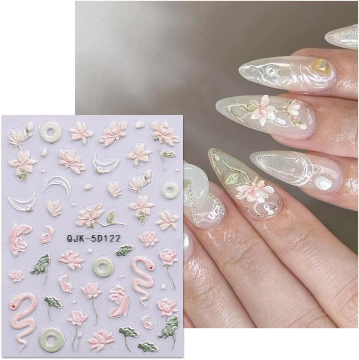 JMEOWIO 3D Nagelsticker Blumen Nail Art Sticker Selbstklebend Nagelaufkleber 5D Stereoskopisk Frühling Sommer Dekoration Nageldesign Zubehör 4 Blatt