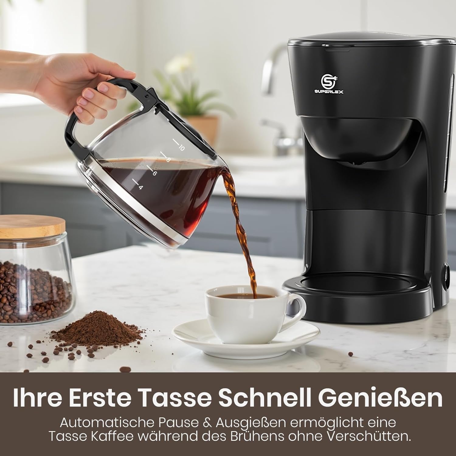 1,25L filterkaffebryggare för 10 koppar filterkaffe, diskmaskinssäker glaskaraff, termos, anti-droppsystem, automatisk avstängning, 600W, vattenfritt kokskydd för hem och kontor
