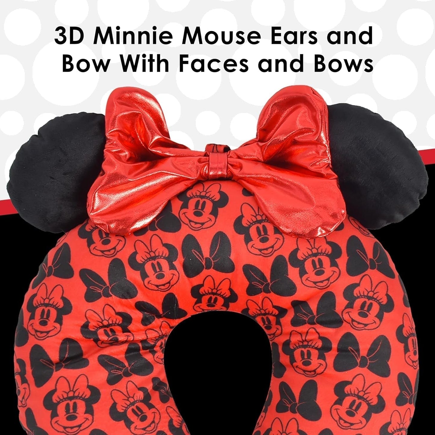 Full Concept One Disney Minnie Mouse rese-nackkudde med 3D-öron och fjäder för flygplan, bil och kontor, bekväm och andningsbar, röd/svart Naty Shop-resekuddar