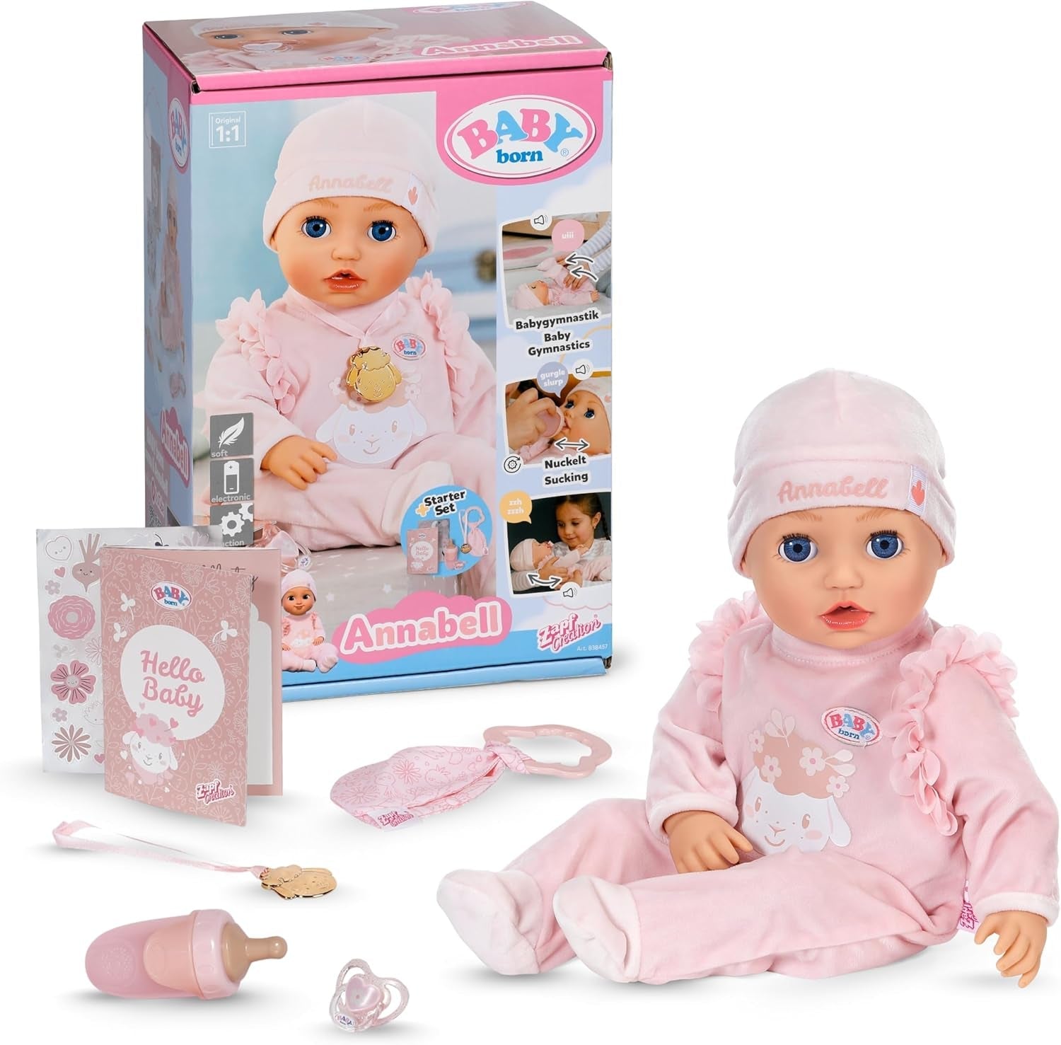 BABY Born Annabell 43 cm - Mjuk docka med 7 elektroniska funktioner och ljud - Lämplig för barn från 3 år och uppåt - Docka inkluderar tillbehör - Kräver batterier