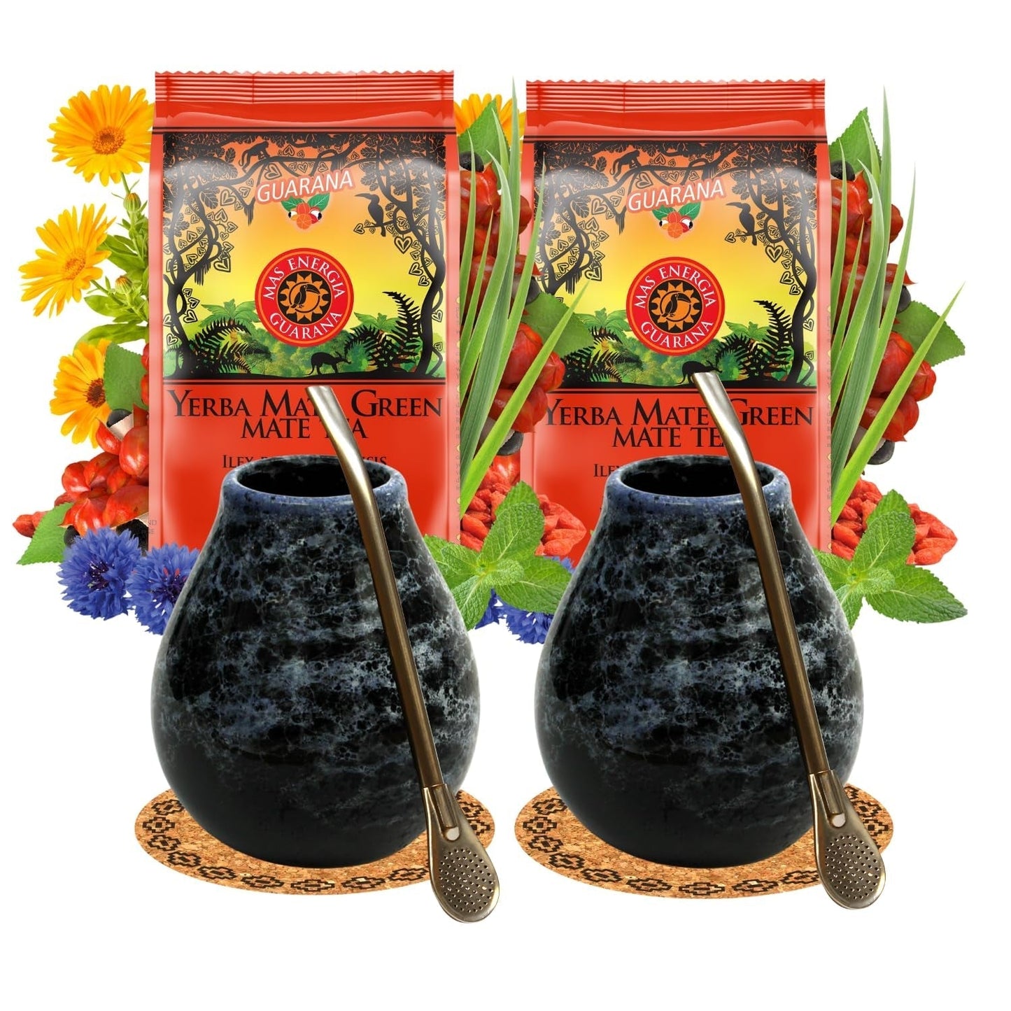Yerba Mate teservis för 2 personer – Mas Energia Guarana 400 g – Marmol Blå keramisk mugg 350 ml – Rostfritt stål Bombilla 19 cm – Löst te 2 x 200 g