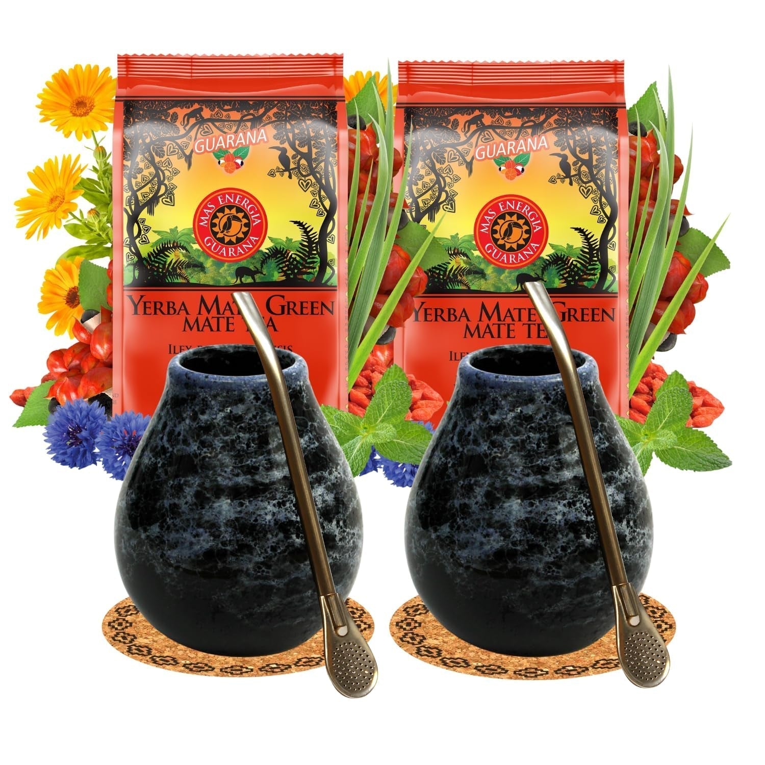 Yerba Mate teservis för 2 personer – Mas Energia Guarana 400 g – Marmol Blå keramisk mugg 350 ml – Rostfritt stål Bombilla 19 cm – Löst te 2 x 200 g