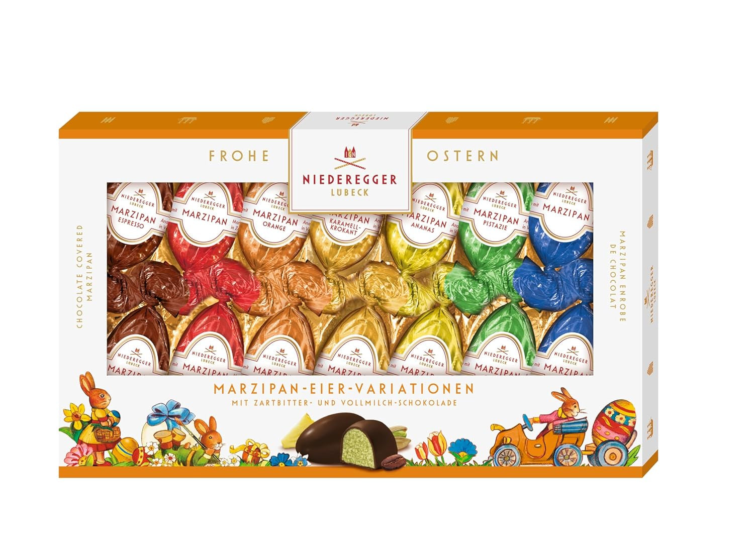 Niederegger | Marsipanägg | 1 x 175g | Varianter: Classic, Mjölkchoklad, Apelsin, Caramel Crunch, Ananas, Espresso och Pistage | Täckt med mörk och mjölkchoklad | påskgåva