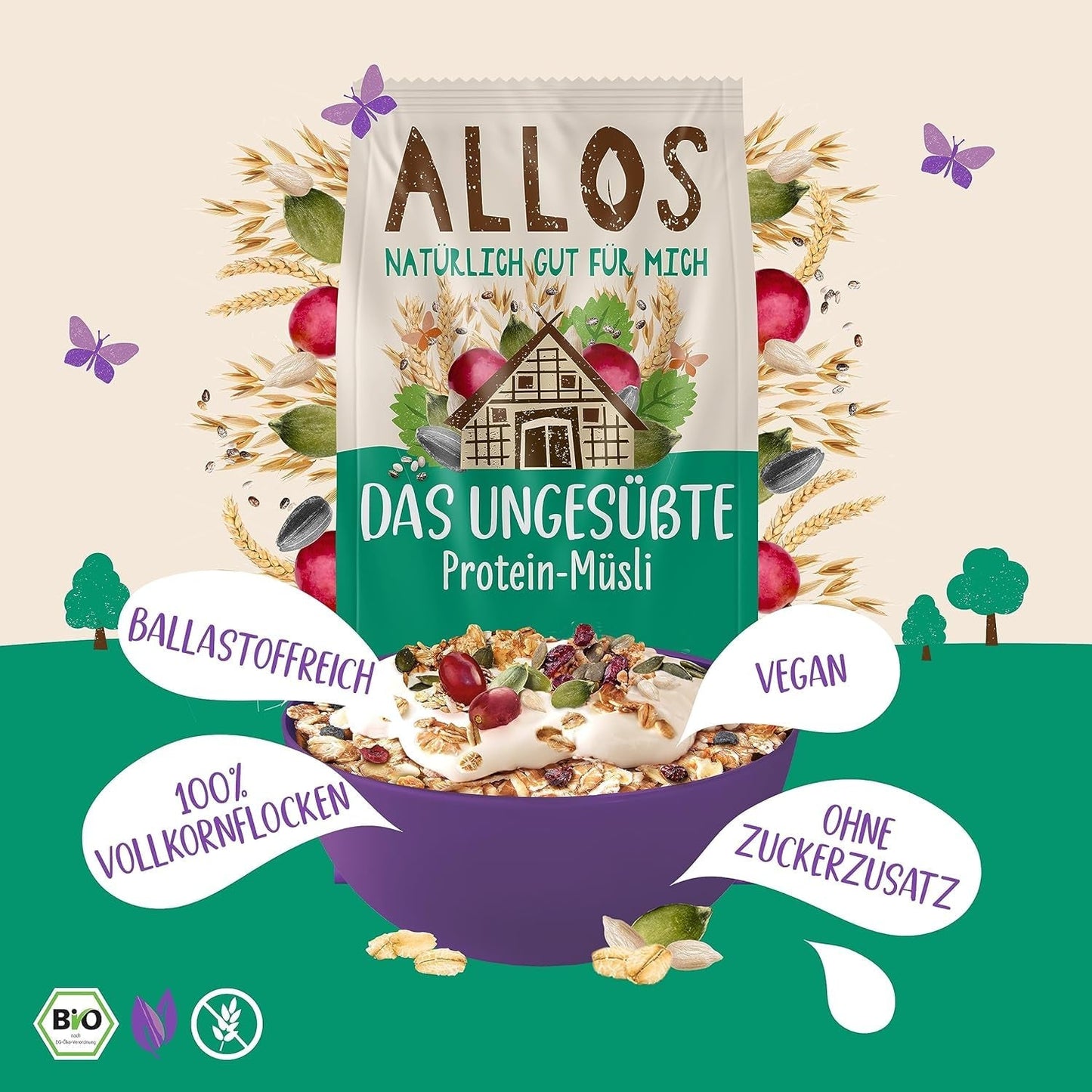Allos osötad proteinmüsli | Ekologisk müsli | Havregryn | Spannmål till frukost | Vegansk (5 x 450 g), 1 st (pack om 5)