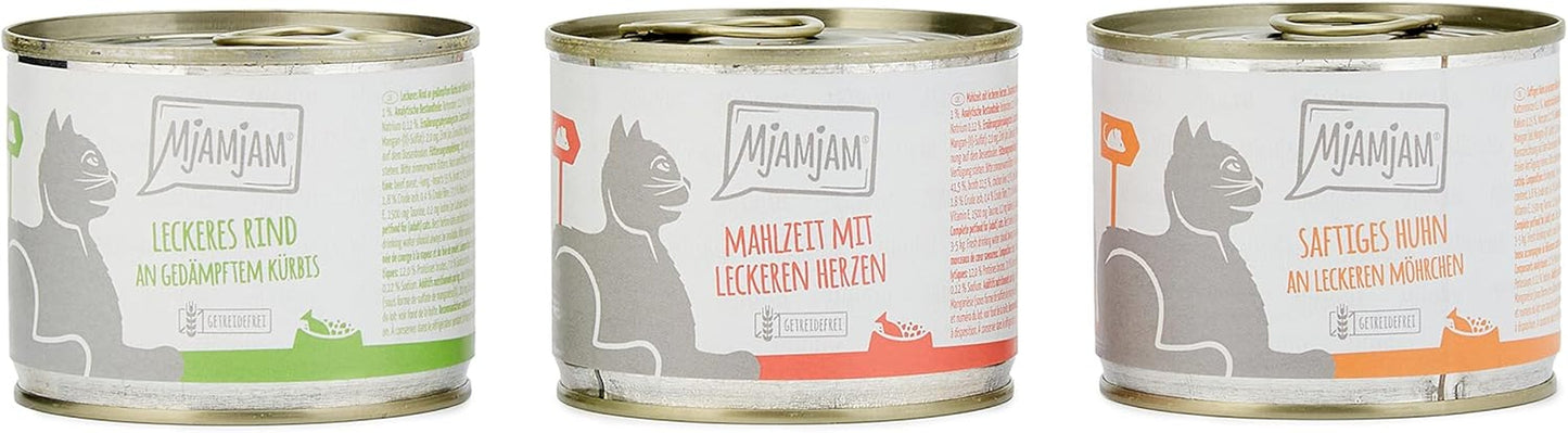 MjAMjAM - Premium Wet Cat Food - Mixed Pack I - Kyckling, nötkött, Hearts 6 Pack (6 x 200 g), spannmålsfri med extra kött