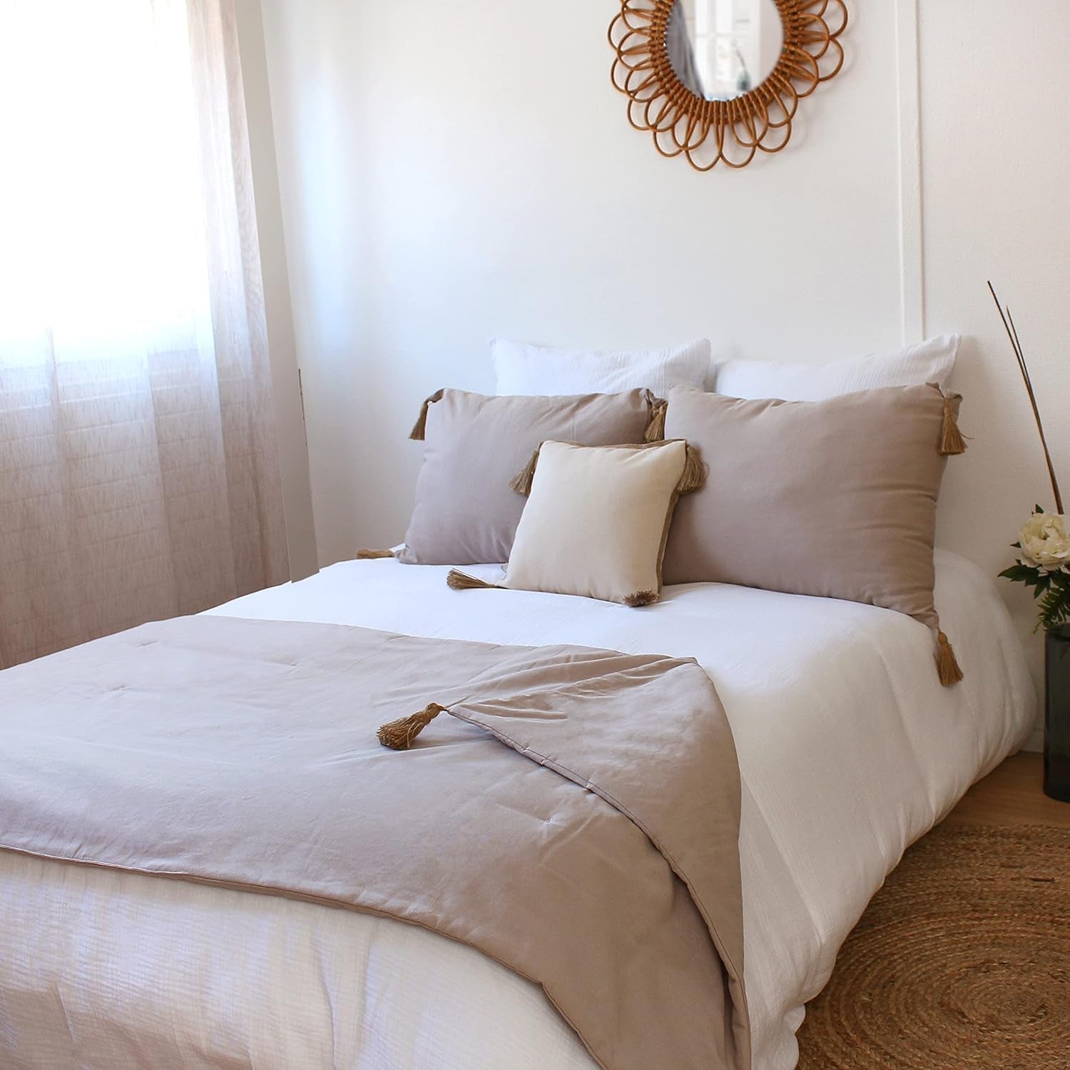 Njut av hemfilt, beige, naturligt, med 4 jutepumps, 90 X 190 cm, 100 % bomull, Oeko-Tex Certified, Panama Collection Naty Shop filtar och täcken