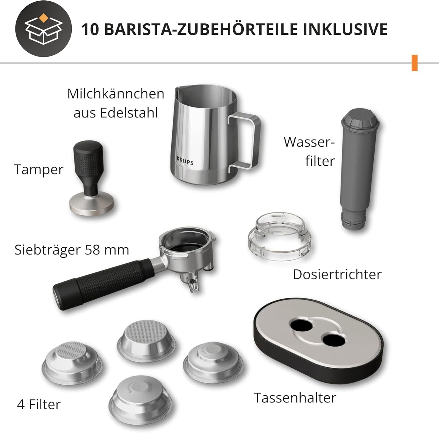 Krups Precision manuell espressomaskin med portafilter och kvarn, barista kaffemaskin med intuitiv kontrollpanel, förinfusionsinställningar, espressomaskin med ångmunstycke, snabb uppvärmning, XP801T10