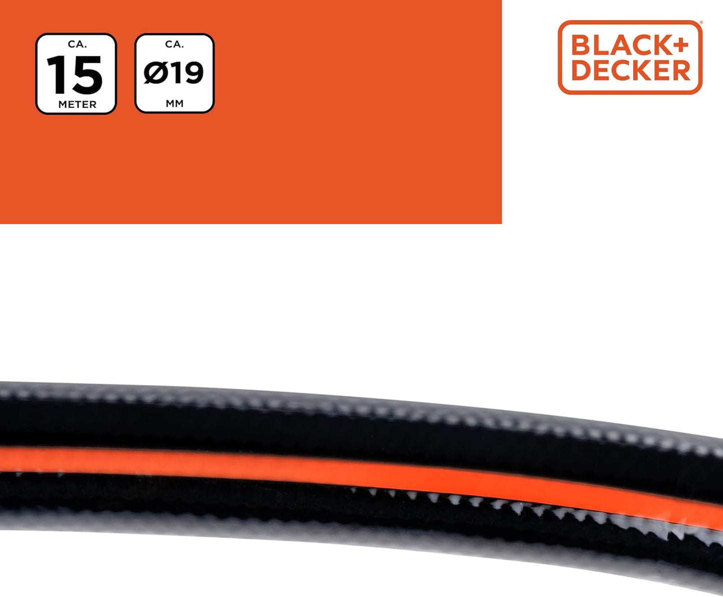BLACK+DECKER Trädgårdsslang 15 meter - Ø19MM - Slitstark PVC - Vattna trädgården, tvätta bilen, fylla poolen - Kompatibel med alla vanliga kranar - Svart/Orange