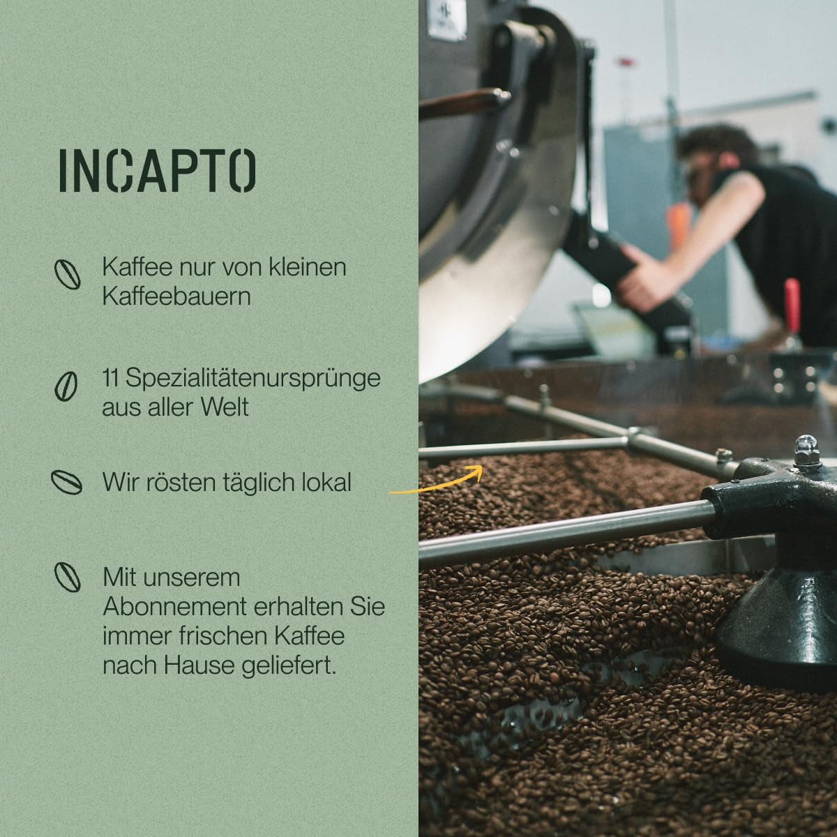 Incapto Ganze Entkofeinierte Kaffeebohnen | Ohne Chemikalien | Mischung aus 100% Arabica-Kaffee aus Brasilien | Ungemahlen Espresso Bohnen | Swiss Water Decaf Coffee, Pack 500g