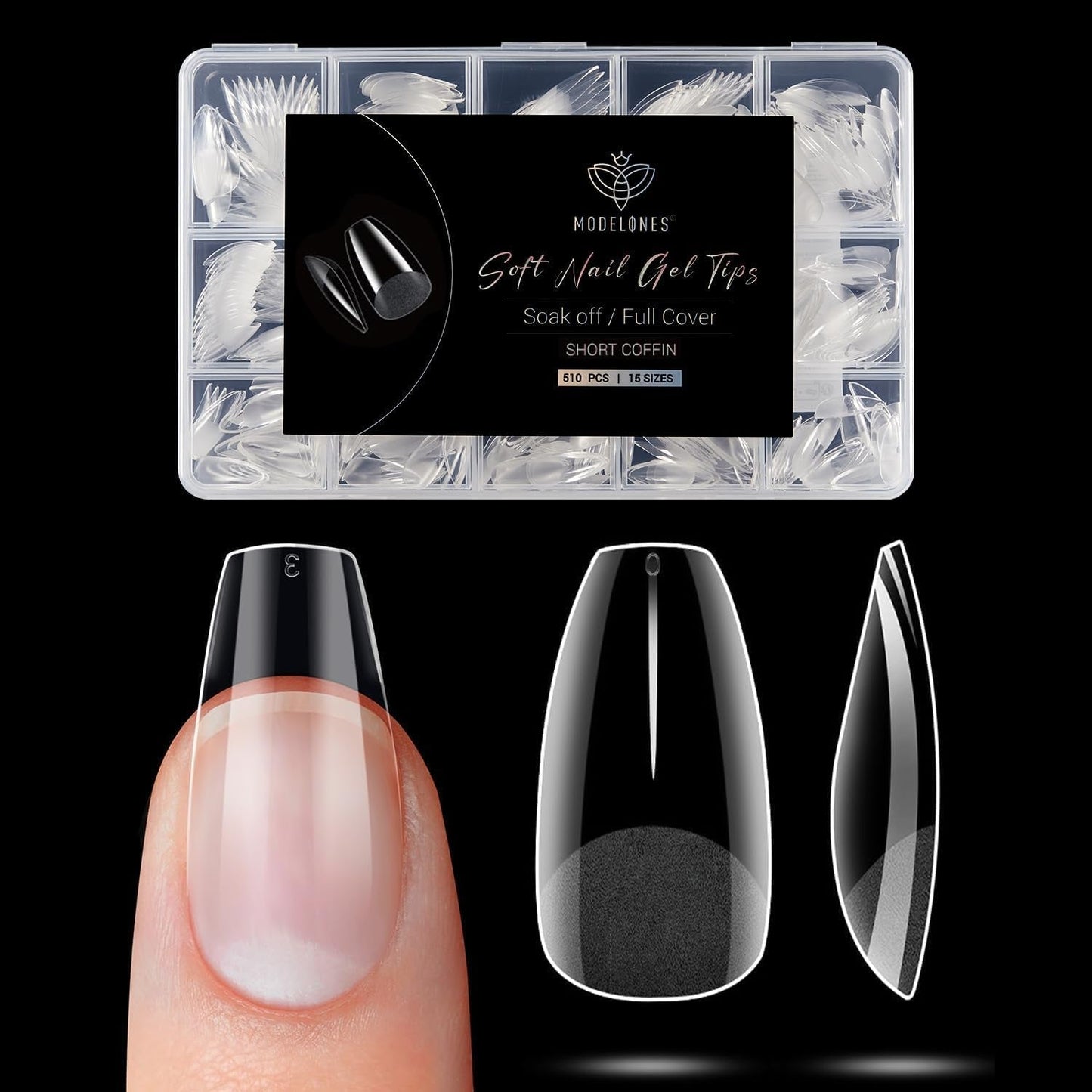 Modelones Nail Tips 510 Pieces - Heltäckande Nail Tips Set, Gel Tips Set, Pre-Polish PMMA Resin Nail Tips, Konstgjorda naglar för lim på Nail Art DIY, Short Squoval