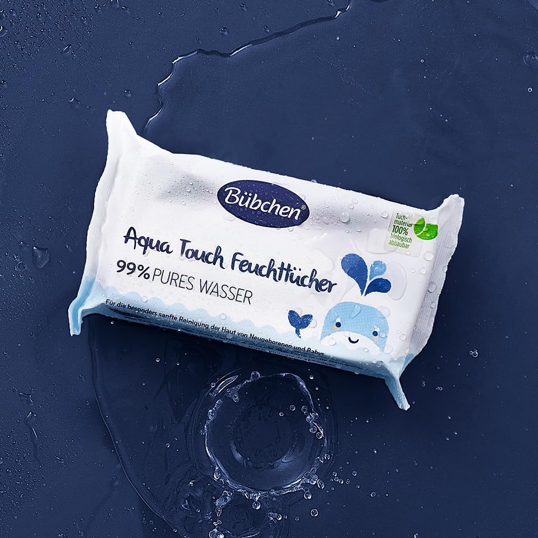 Bübchen Aqua Touch våtservetter för baby 144 delar (3 x 48) - känsliga hudvårdsservetter med 99 % rent vatten, våtservetter för nyfödda och baby
