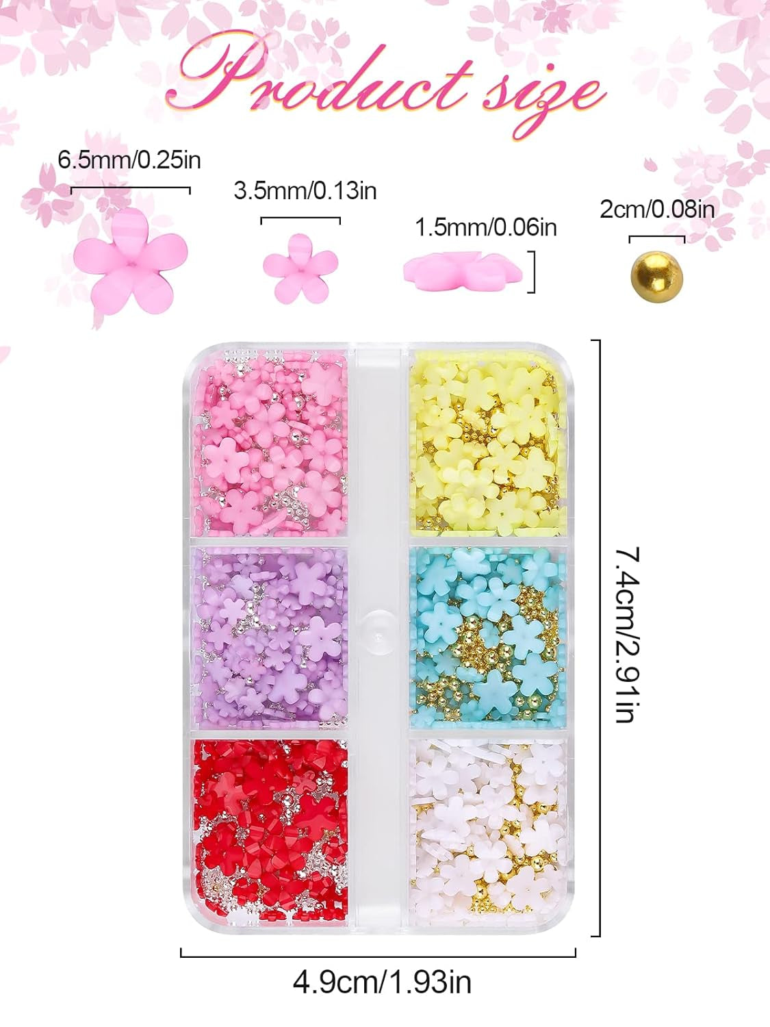 Kalolary Flowers Nail Art Charms, 3D Akryl Blommor för naglar Fem kronblad Blommor Ornament Nagelädelstenar Strasstenar Blandade metallpärlor för DIY Nail Art Design Smyckenstillverkning (2 lådor)