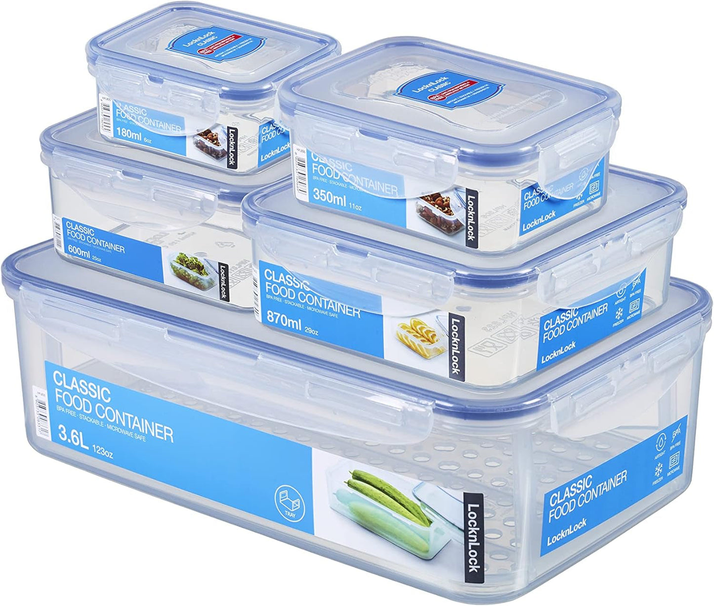 LocknLock PP Klassisk matförvaringsburksats 5st | 180ml, 350ml, 600ml, 870ml, 3,6L | 100 % luft- och vattentät | utan BPA | frys- och kylarrangör | diskmaskin och mikrovågssäker Matförvaringslådor Naty Shop Square 5st.