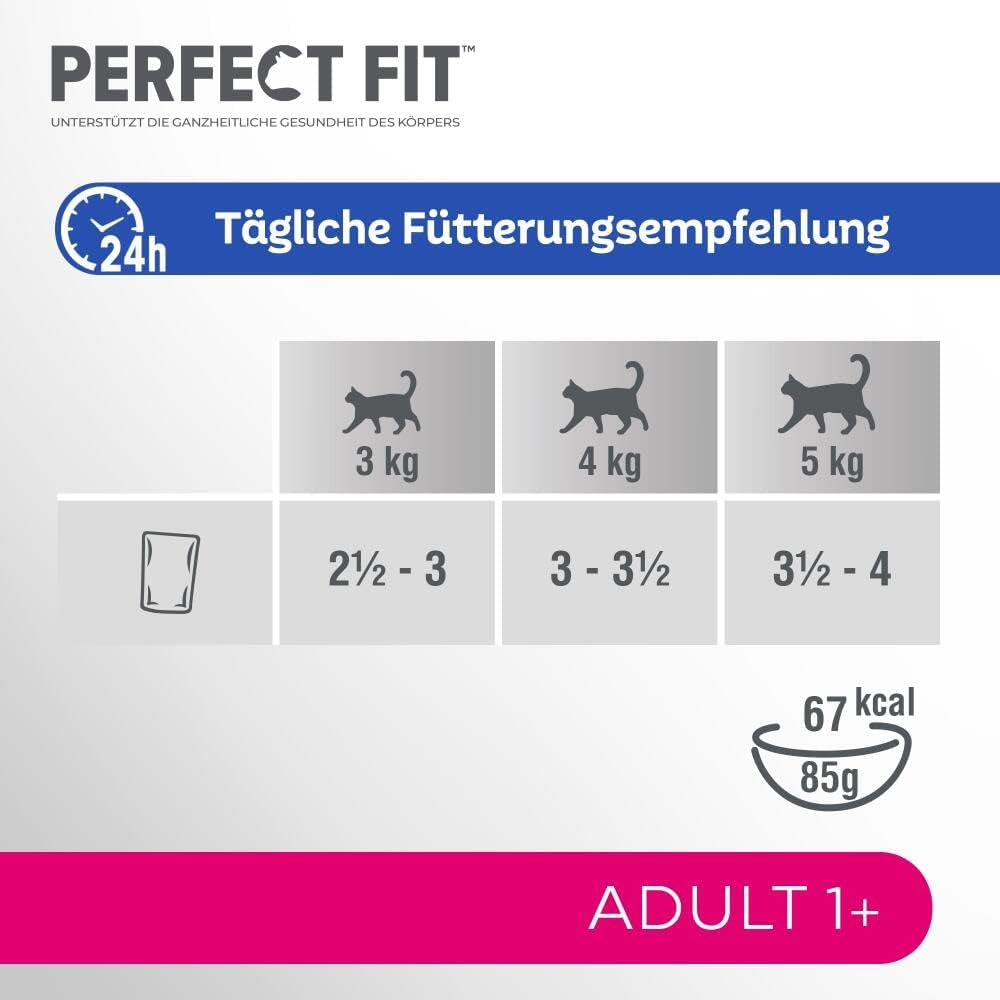 Perfect Fit Vuxen 1+ våtfoderval med lax, djuphavsfisk, nötkött och kyckling, 48 påsar, 12x85g (paket med 4) - Premium våtfoder för vuxna katter från 1 års ålder