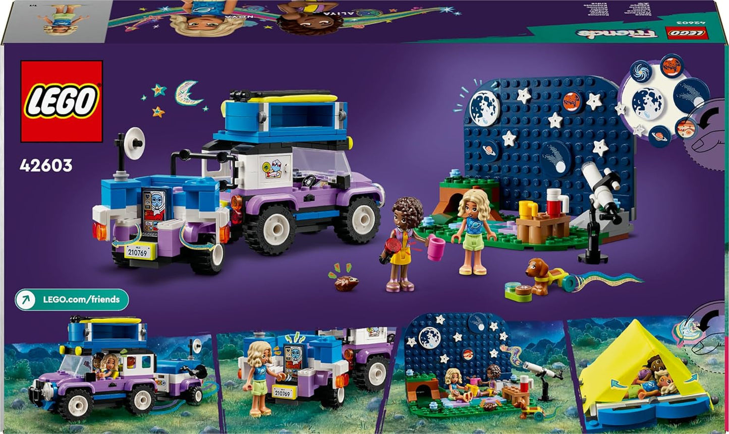 LEGO Friends Stargazer campingfordonsset med terrängfordon och leksaksteleskop, present till flickor och pojkar från 7 år, innehåller lekfigurer Nova, Aliya och en hund 42603 Byggset Besuche den LEGO-Store