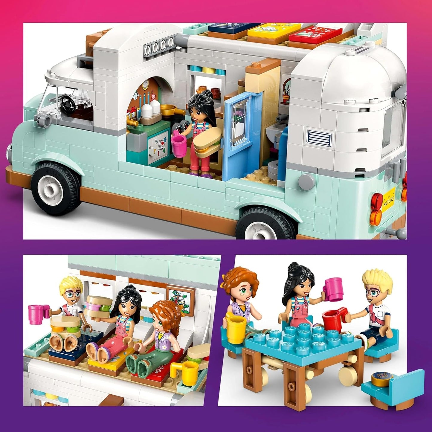 LEGO Friends husvagn, rollspelsbyggsats med leksakskaravan, present till tjejer från 7 år och uppåt, kreativ lekset med 3 minifigurer och illerdjursfigur 42663 Byggset Besuche den LEGO-Store