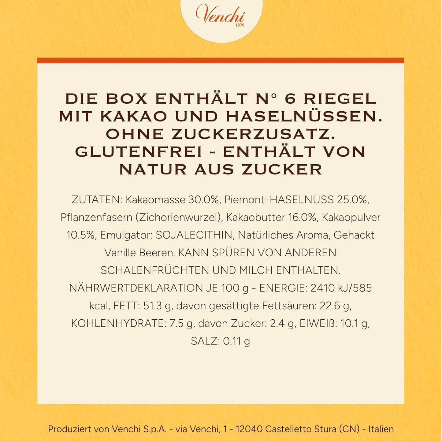 Venchi - Paket med 6 mörka chokladkakor med hasselnötter, 600g - Inget tillsatt socker - Inga konstgjorda sötningsmedel - Glutenfri - Vegansk - Presentidé