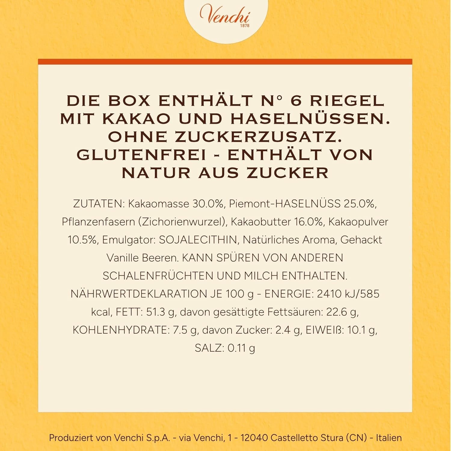 Venchi - Paket med 6 mörka chokladkakor med hasselnötter, 600g - Inget tillsatt socker - Inga konstgjorda sötningsmedel - Glutenfri - Vegansk - Presentidé