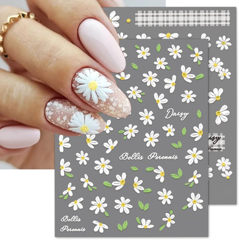 5D-präglade vita prästkragar Nagelklistermärken Blommor Nagelklistermärken Blommor Självhäftande folieklistermärken Nagelkonstklistermärken Tusenskönor Nageldekoration Tillbehör Blomdesignklistermärken Nagelkonst