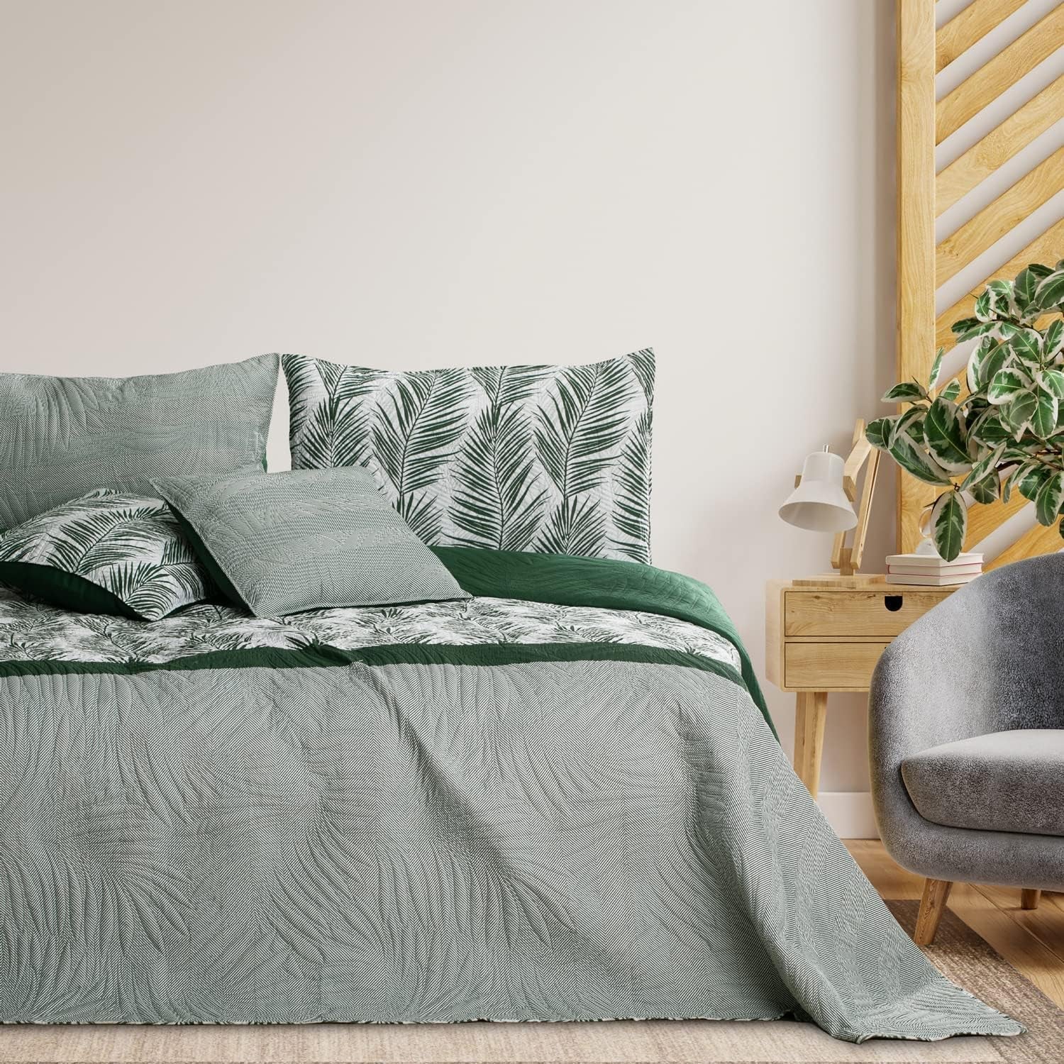Ameliahome Överkast Överkast 170X210 Cm Dubbelsidigt Lättskött Överkast Växtmönster Grön Vit Tropiska Bonaire Sängar och filtar Besuche den AmeliaHome-Store