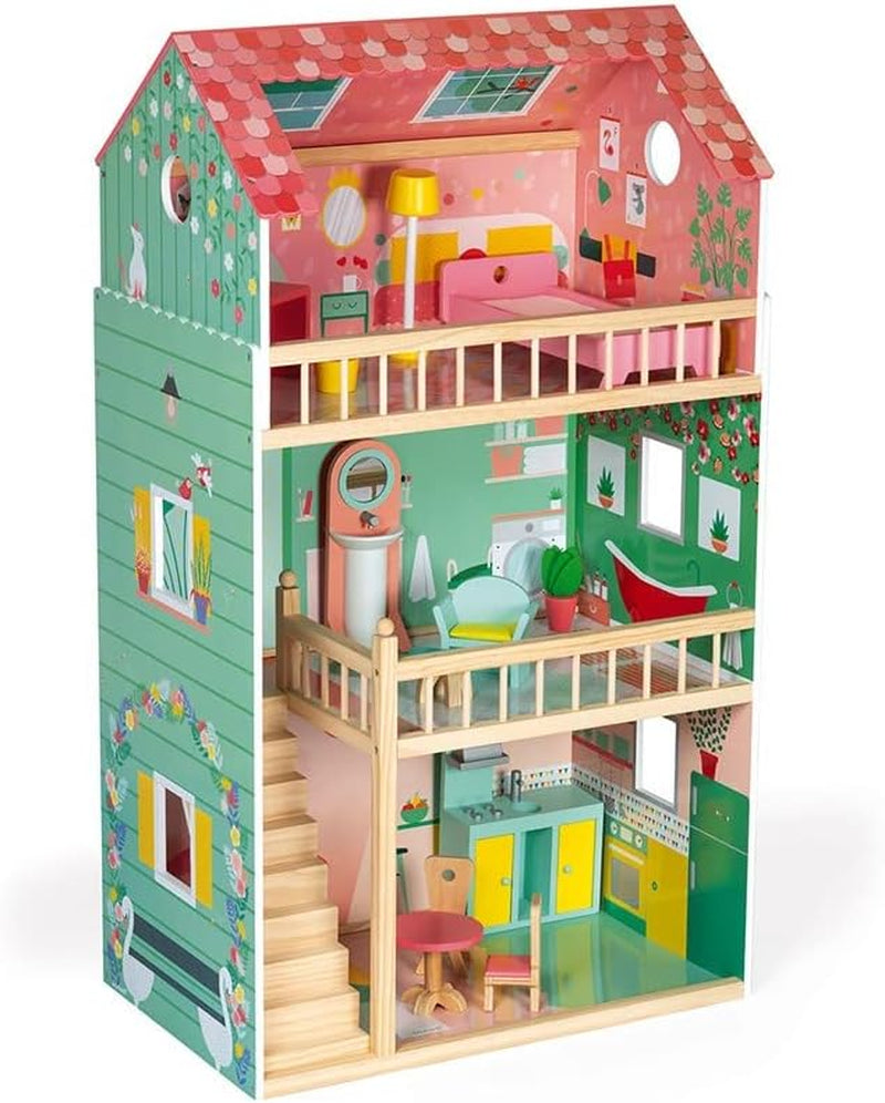 Janod - Mademoiselle Wooden Doll House 3 våningar och 11 tillbehör Replikleksak utvecklar fantasi åldrar 3+ J06581 Pink Naty Shop Dollhouses A Happy Day