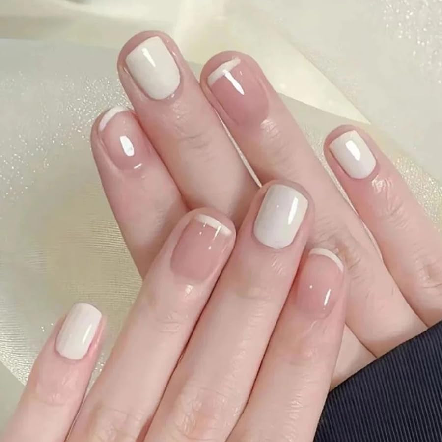 24st franska tryck på korta naglar Kista konstgjorda naglar Korallrosa Ombre självhäftande naglar Ballerina Nagelset Akryl Nageltips Dam Vår Sommar Nageltillbehör