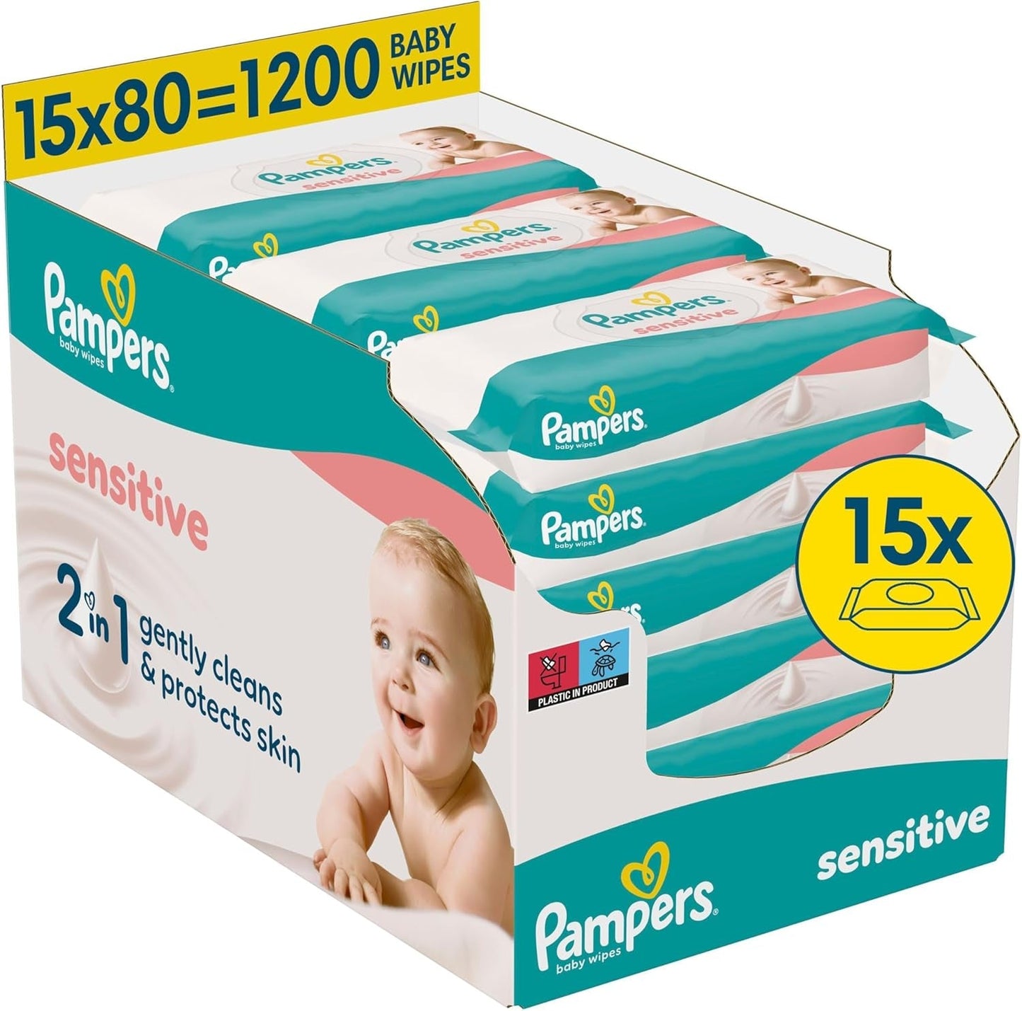 Pampers Sensitive Baby Wipes, 15 paket med 80 våtservetter, 1200 babyservetter, 2-i-1 skonsam rengöring och hudskydd
