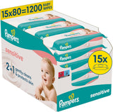 Pampers Sensitive Baby Wipes, 15 paket med 80 våtservetter, 1200 babyservetter, 2-i-1 skonsam rengöring och hudskydd