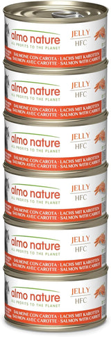 Almo Nature HFC Jelly - Våtfoder för vuxna katter - Lax och morötter - Mänsklig kvalitet, glutenfri - 6 x 70g