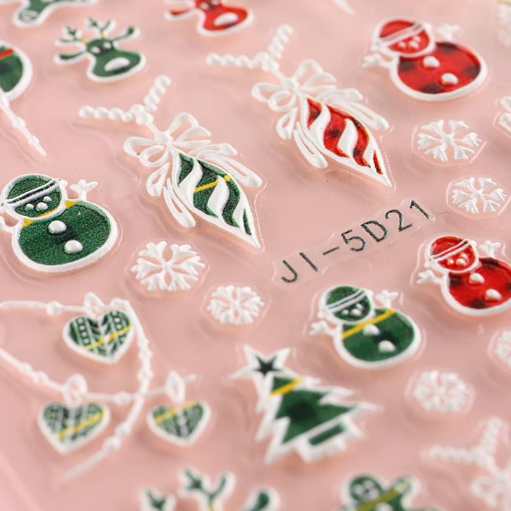 5 Blatt 3D Nagelsticker Weihnachten Nagelaufkleber 5D Stereoskopisk Selbstklebend Schneeflocke-Weihnachtswinterurlaub Nail Art Sticker Dekoration Nageldesign Zubehör