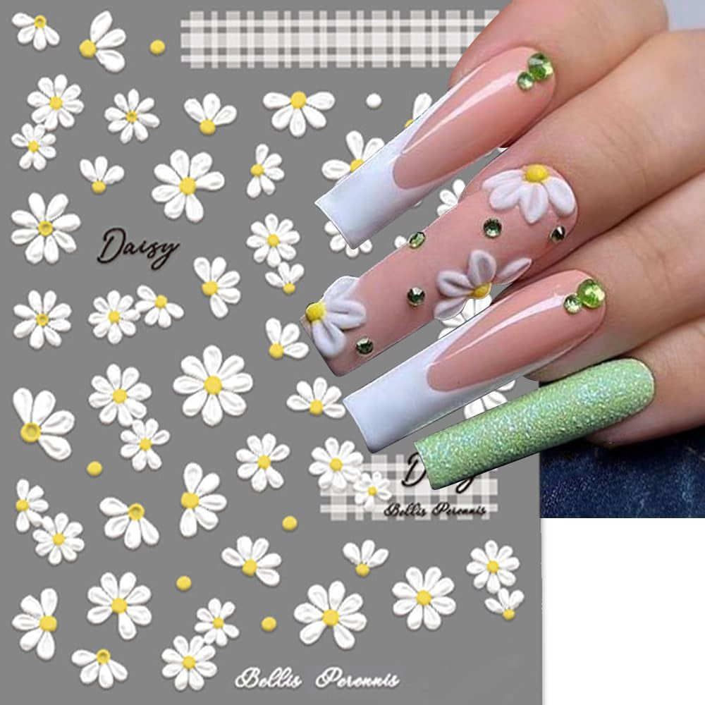 5D-präglade vita prästkragar Nagelklistermärken Blommor Nagelklistermärken Blommor Självhäftande folieklistermärken Nagelkonstklistermärken Tusenskönor Nageldekoration Tillbehör Blomdesignklistermärken Nagelkonst