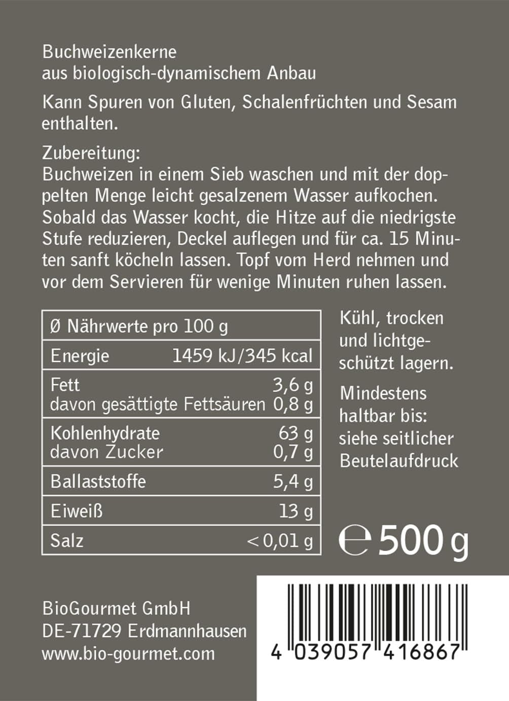 Bovete BioGourmet Demeter – 500g påse | Glutenfri, fiberrik och regional | Från tyskt ekologiskt jordbruk (Baden-Württemberg/Bayern) | Perfekt för müsli, sallader och tillbehör