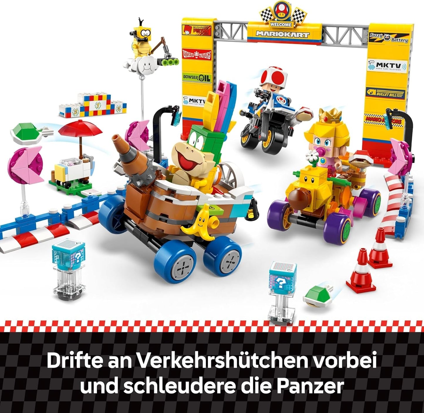 LEGO Super Mario: Mario Kart - Baby Peach & Grand Prix Set, Nintendo Figures - Padda, Lakitu, Baby Peach och Lemmy, Present för pojkar, tjejer och spelare 8+, Äventyrsleksak 72036 Byggset Beuche den LEGO-Store