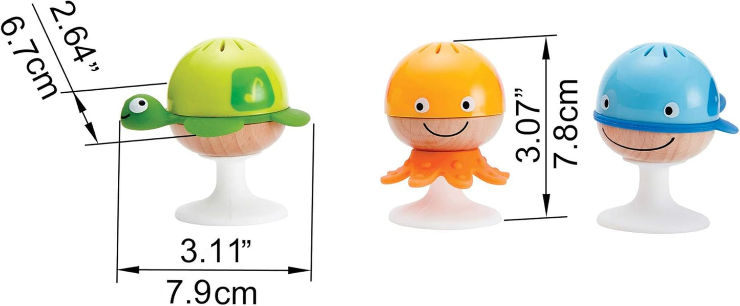 Skallerset med sugkopp Hape | Tre djur med tandringelement, sköldpadda, bläckfisk och val | Lärleksak från 0 månader Bebe Toys Naty Shop