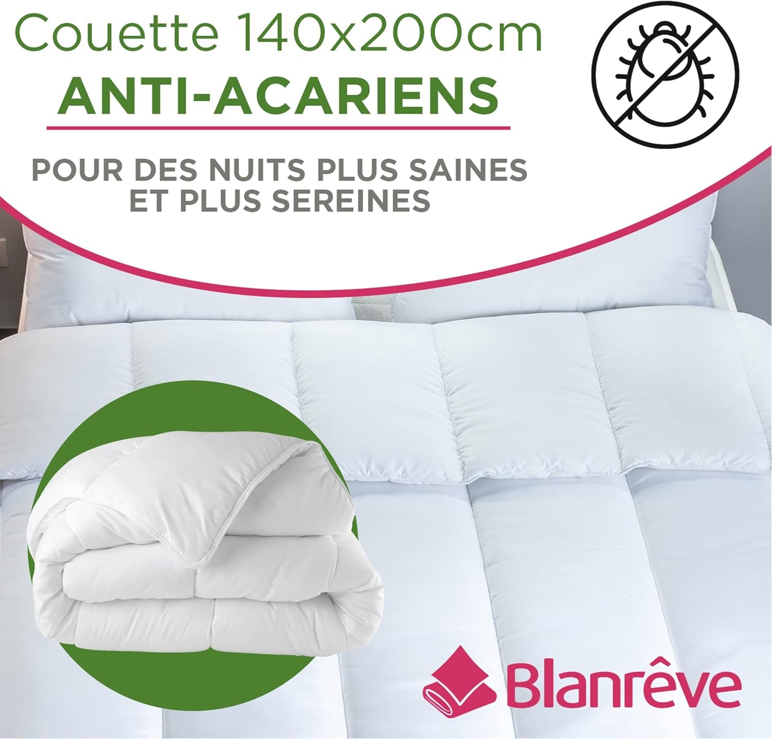 Blanrève - Serenité täcke - Dammkvalsterbehandling - Tempererad 300 G/M² - 140 X 200 Cm - För enkelsäng - Maskintvättbar, vita Täcken och täcken Naty Shop