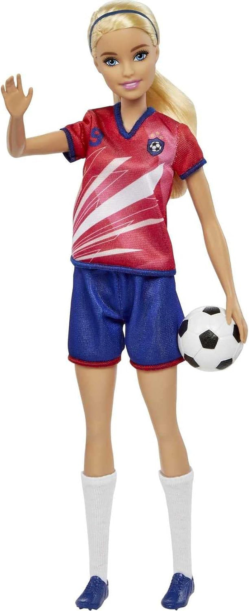 Barbie You Can Be Anything-serien, fotbollsspelare, fotbollsspelare med blondt hår, röd och blå tröja, boll, tillbehör, docka ingår, present från 3 år och uppåt, HCN17