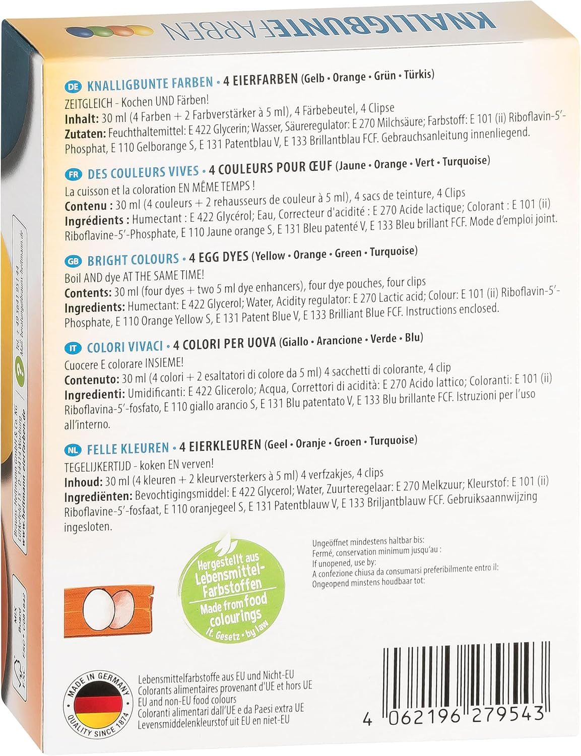 Heitmann Egg Dyes Bright Colors - 4 äggfärgningsflaskor (gul, orange, grön, blå), 2 färgförstärkare, 4 färgpåsar, 4 klämmor